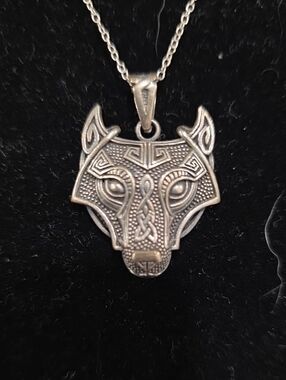 Intricate Sterling Silver Celtic Wolf Head Pendant Necklace